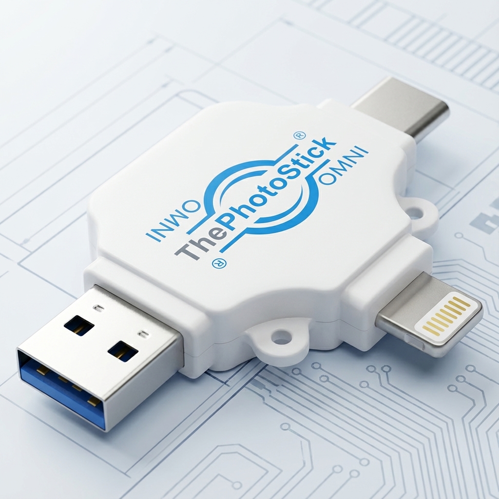 Close‑up of The PhotoStick Omni showing its dual USB connectors and durable housing