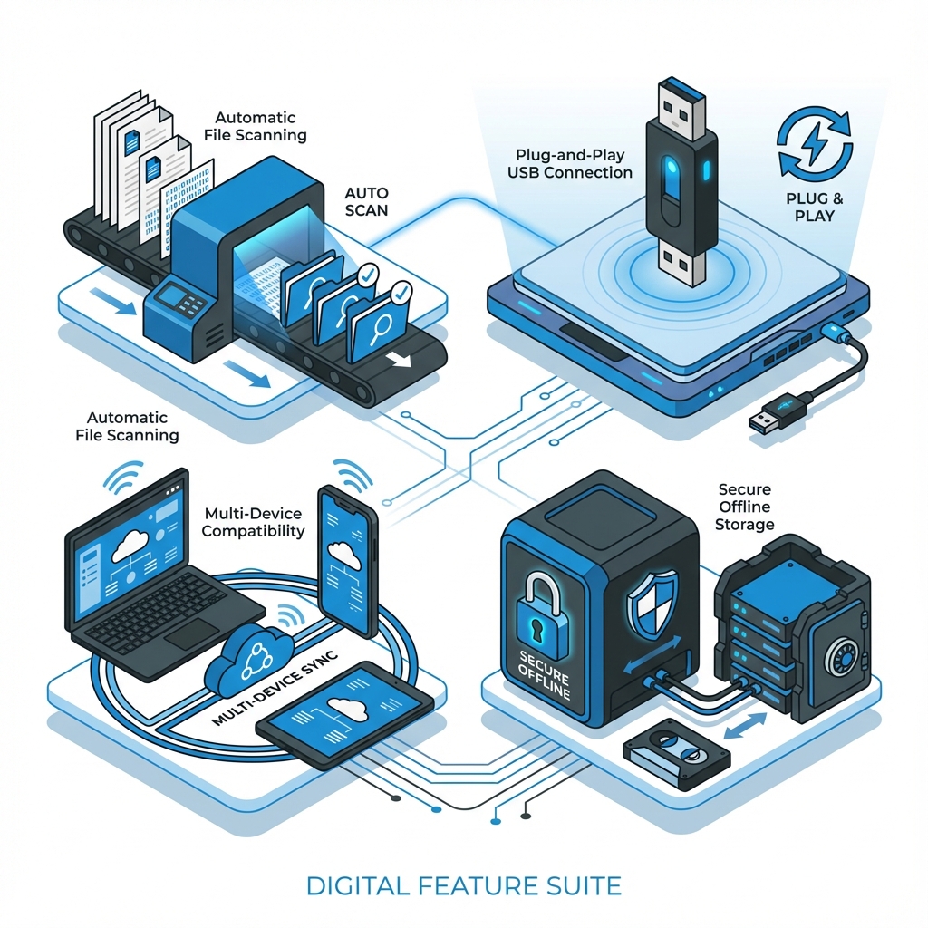 Icons representing automatic scanning, multiple devices, storage sizes, and offline security
